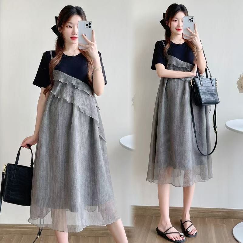 Roupa de maternidade feminina 2025 elegante manga curta pequena na moda mãe vestido High-End