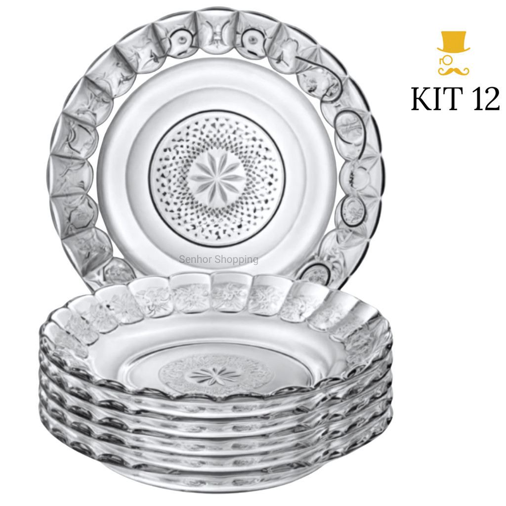 Kit Até 12 Pratos De Vidro Egípcio Fundo Transparente Estrela 22cm Moderno Resistente e Sofisticado em Oferta na Shopee