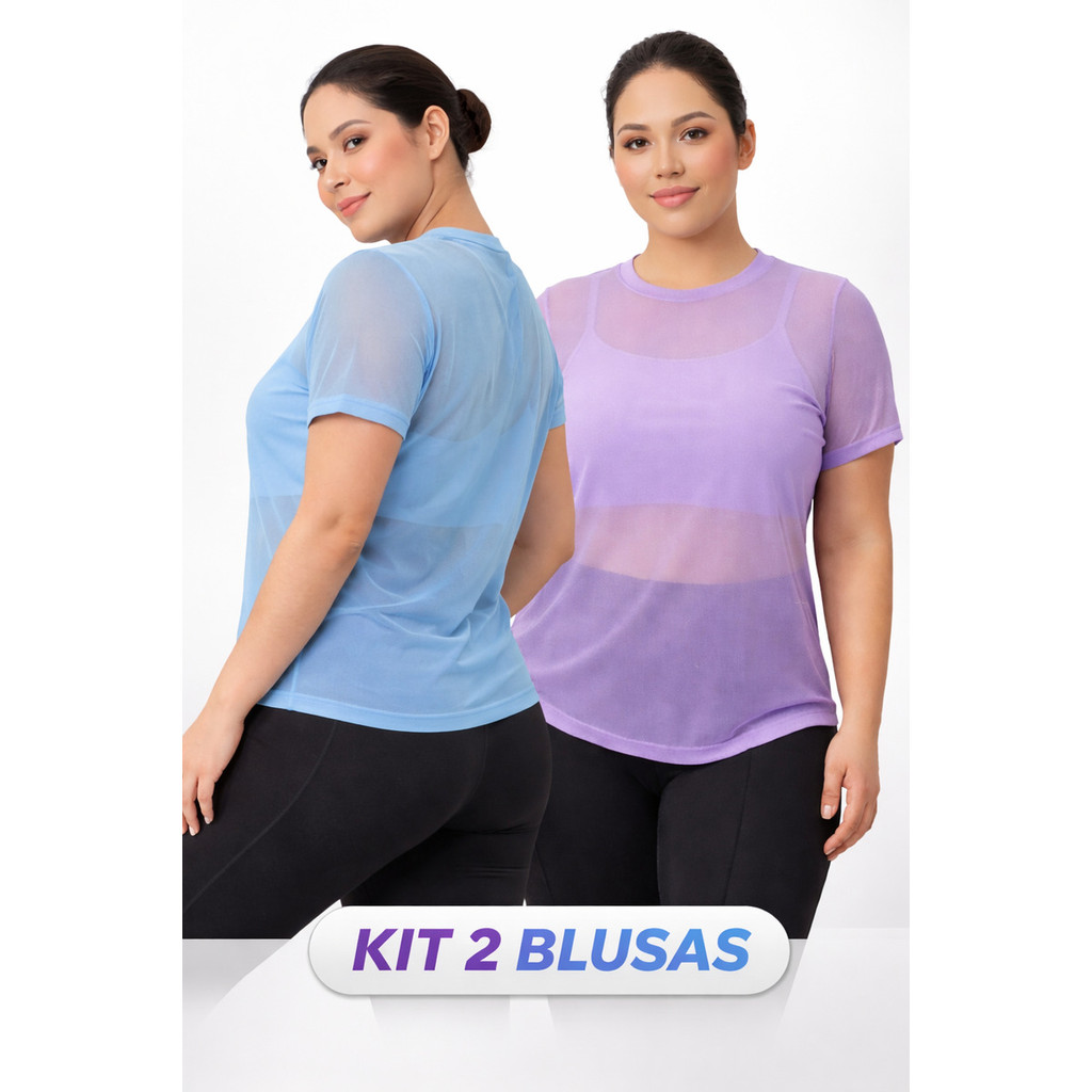Kit 2 Blusa Tule Feminina Plus Size Fitness Transparente Academia Luxo