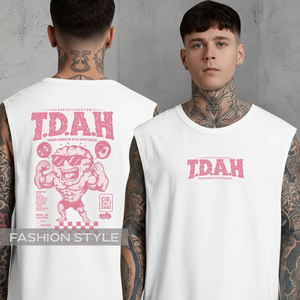 Regata Oversized Muscle Tee TDAH Frase Academia Engraçada Cérebro Bombado Gym Rat Costas Maromba 100% Algodão