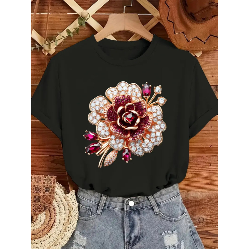 [Camiseta Premium em Algodão Puro]SISI camiseta feminina algodão100% casual e estilosa flor pedraria