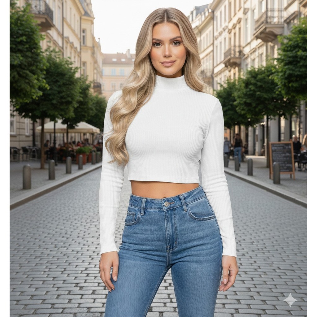 blusa cropped feminino canelado elastano gola alta manga longa to