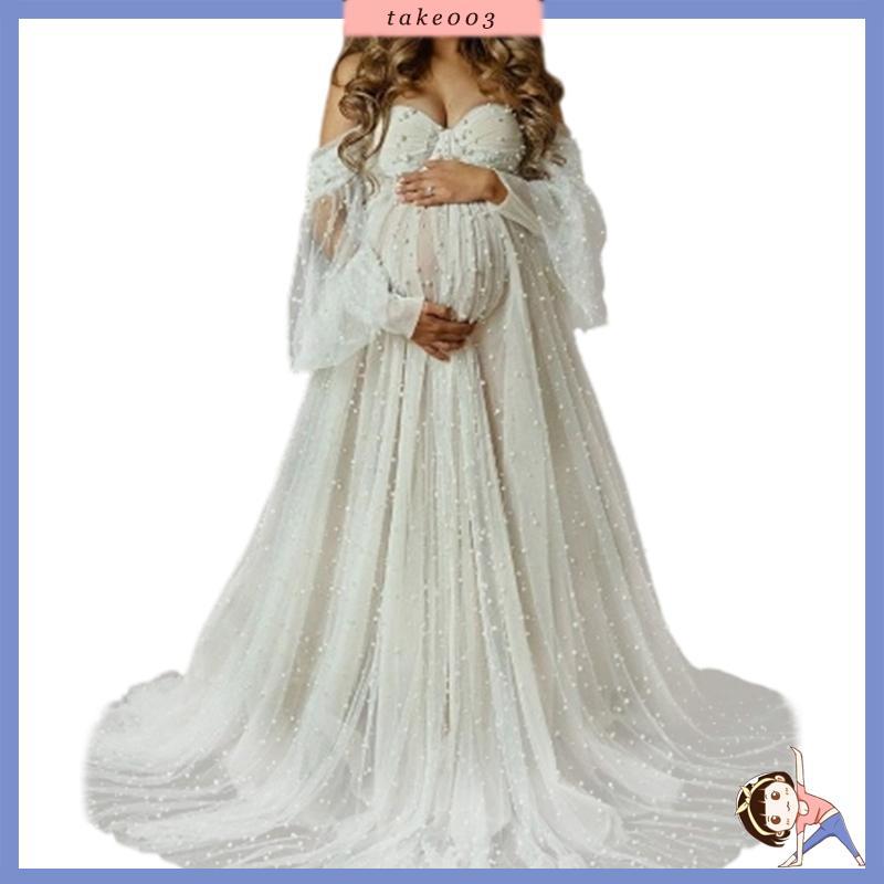 TAKE03 Vestido Maternidade Branco Elegante Bainha Longa Para Sessão Fotos Roupa