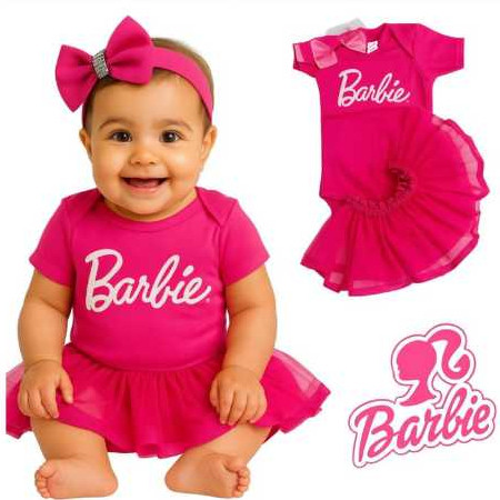 Fantasia Barbie bebê mesversário com body rosa, saia de tule, laço de princesa, look completo e fofo infantil