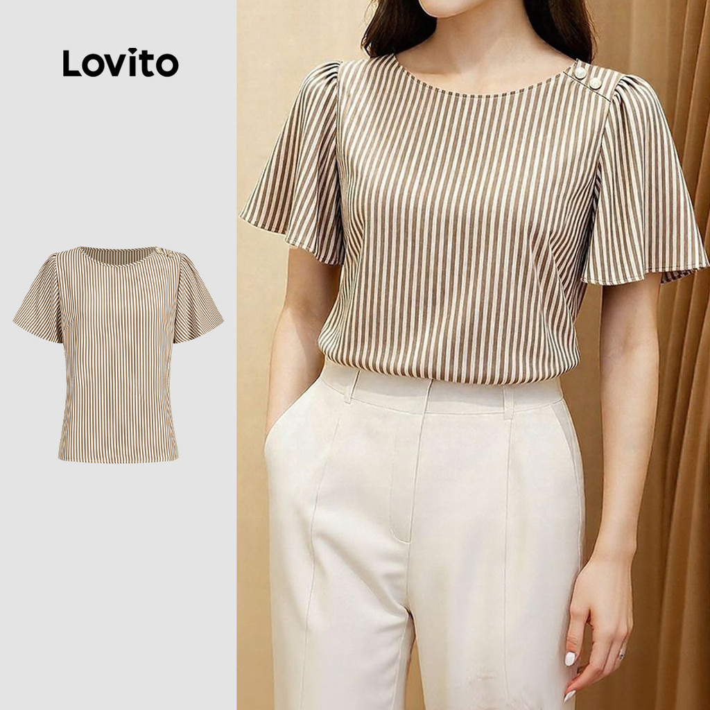 Lovito  Blusa Casual Botão Assimétrica Marrom para Mulheres L171AD034 em Oferta na Shopee