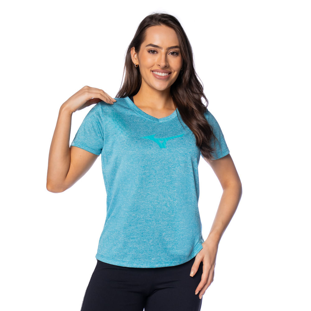 Camiseta Feminina Mizuno Spark Corrida Azul Mescla/Verde