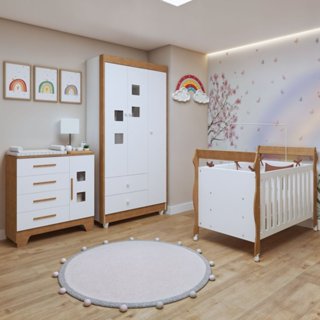 Quarto de Bebê Completo com Cômoda, Berço com Colchão e Guarda Roupas Mila Branco/Amadeirado em Oferta na Shopee