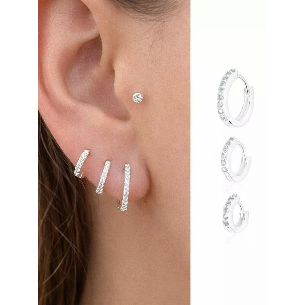 Trio de brinco argola prata 925, cravejado, liso, fino zirconia em Oferta na Shopee
