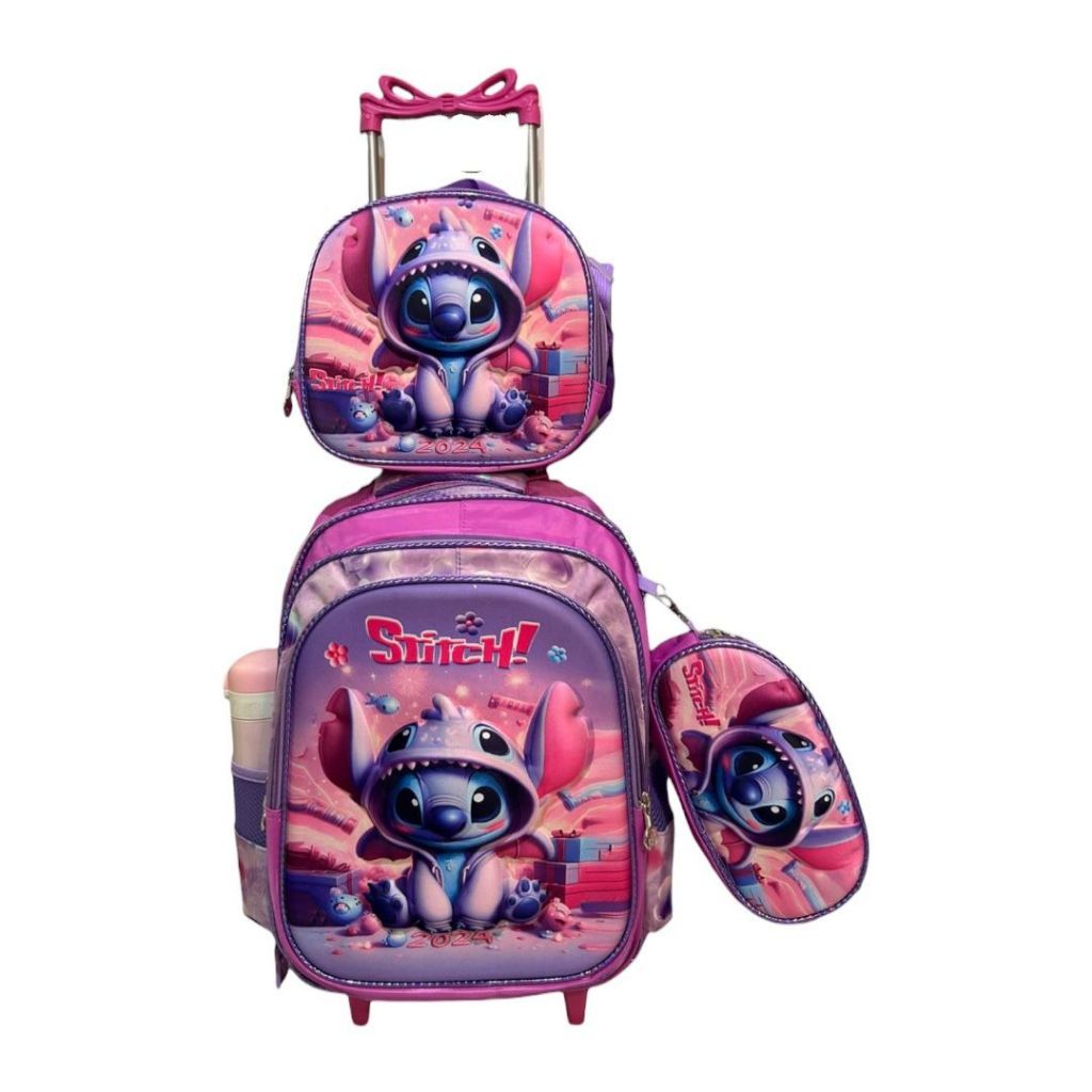 Kit Mochila infantil Com Rodinhas + Lancheira Térmica + Estojo Escolar Stitch 3D " Envio Imediato " em Oferta na Shopee