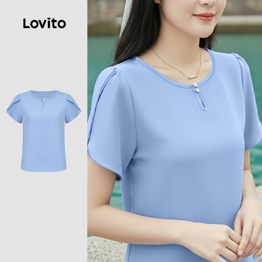 Lovito Blusa Elegante Casamento Formal Dama Honra com Botões e Recortes Primavera/verão Azul para Mulheres L171ED046