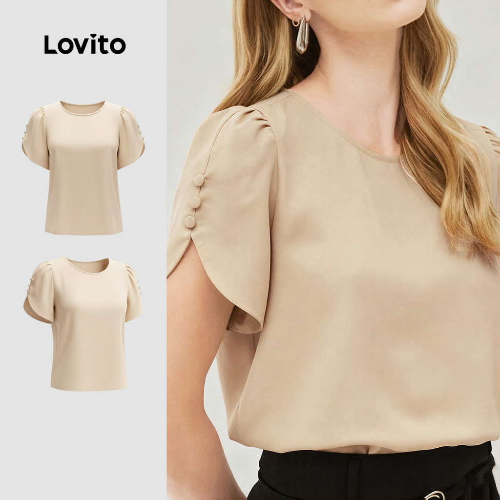 Lovito Blusa Casual Botão Primavera/verão Blusa Cáqui para mulheres LK2ED019 em Oferta na Shopee