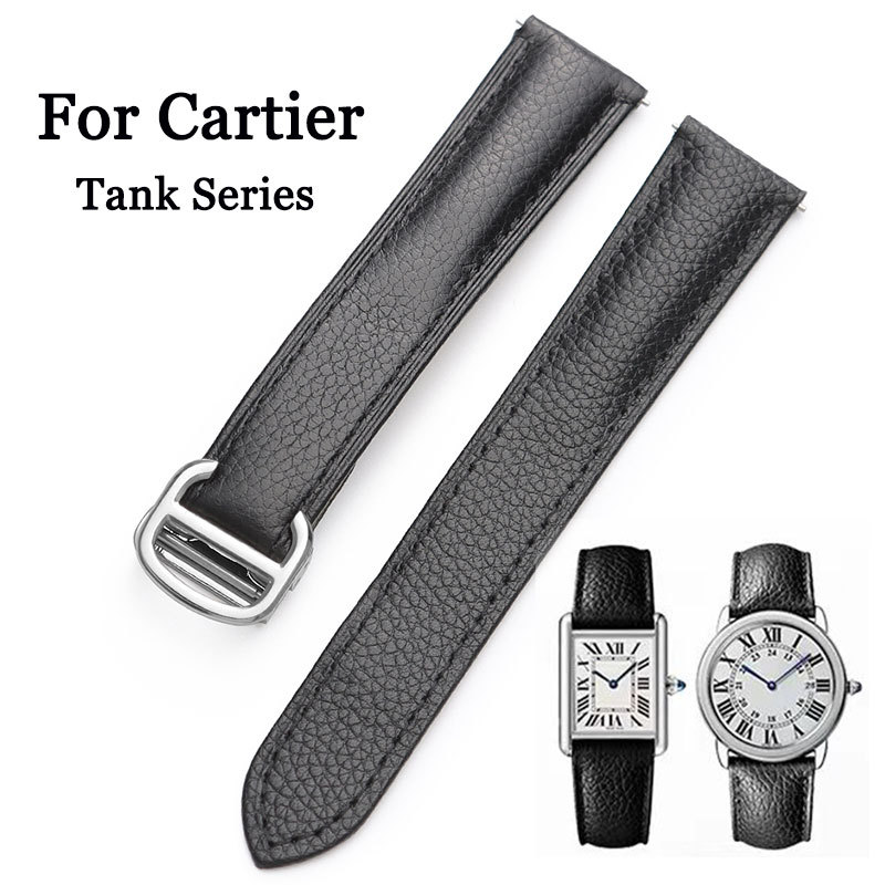 Pulseira De Relógio De Couro Genuíno Para Cartier Tank Balão Azul Borboleta Fivela Dobrável 16mm 18mm 20mm 22mm De Vaca