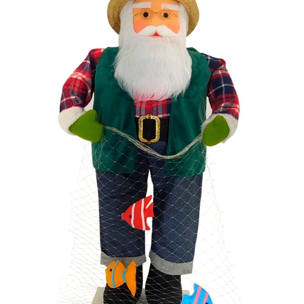 Boneco Natalino Papai Noel Pescador Pesca Peixe Rede De 83cm