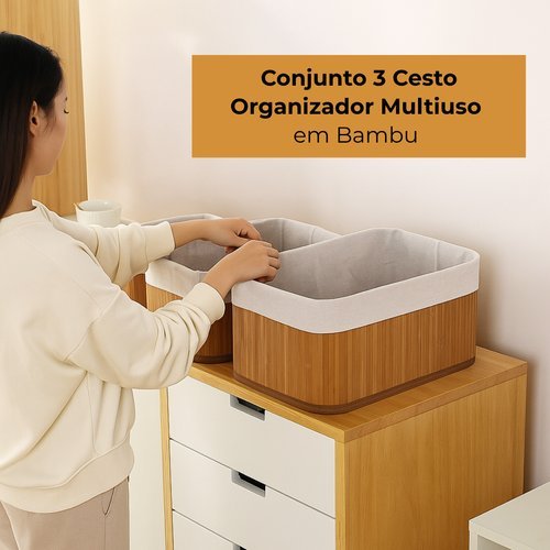 Conjunto 3 Cesto Organizador Multiuso Bambu Natural Resistente Versátil Organizador Casa Escritório