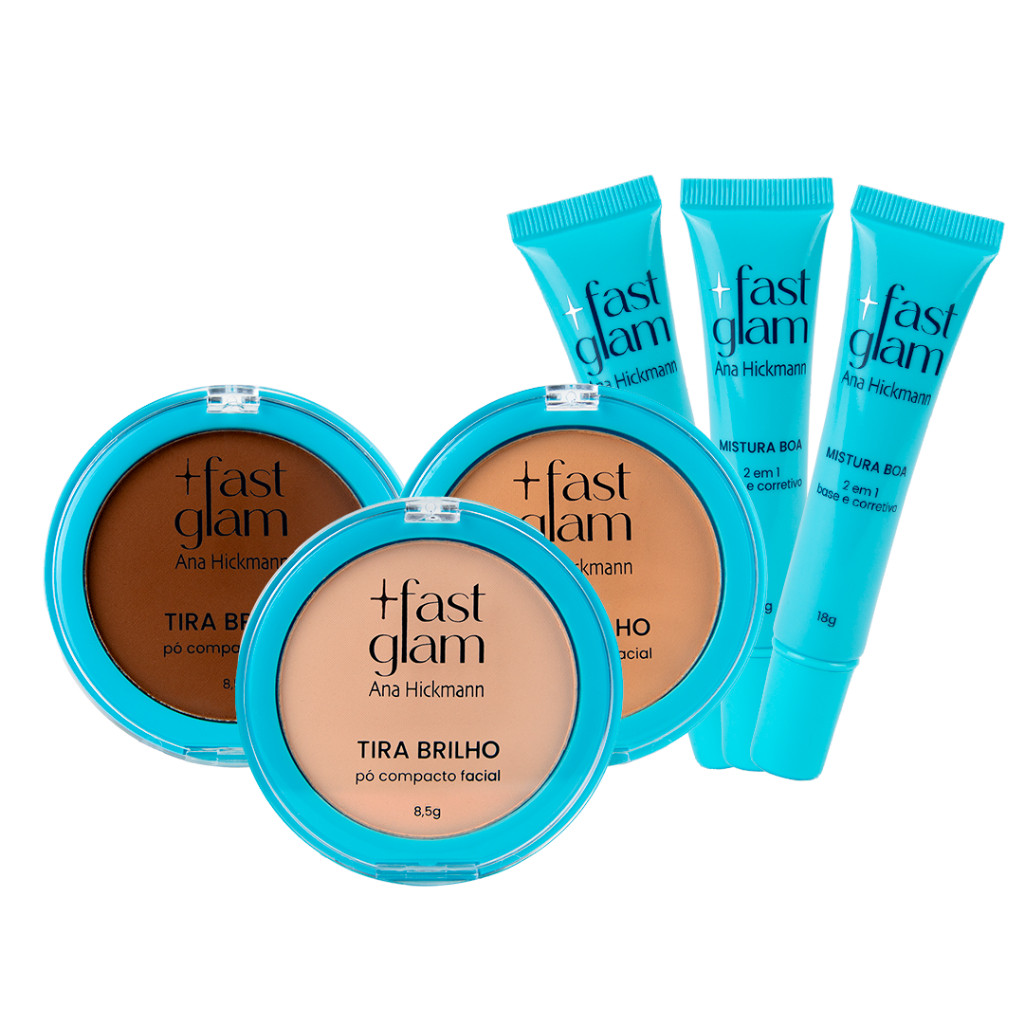 Kit Pó Compacto Tira Brilho + Base 2 em 1 Mistura Boa Maquiagem Ana Hickmann.