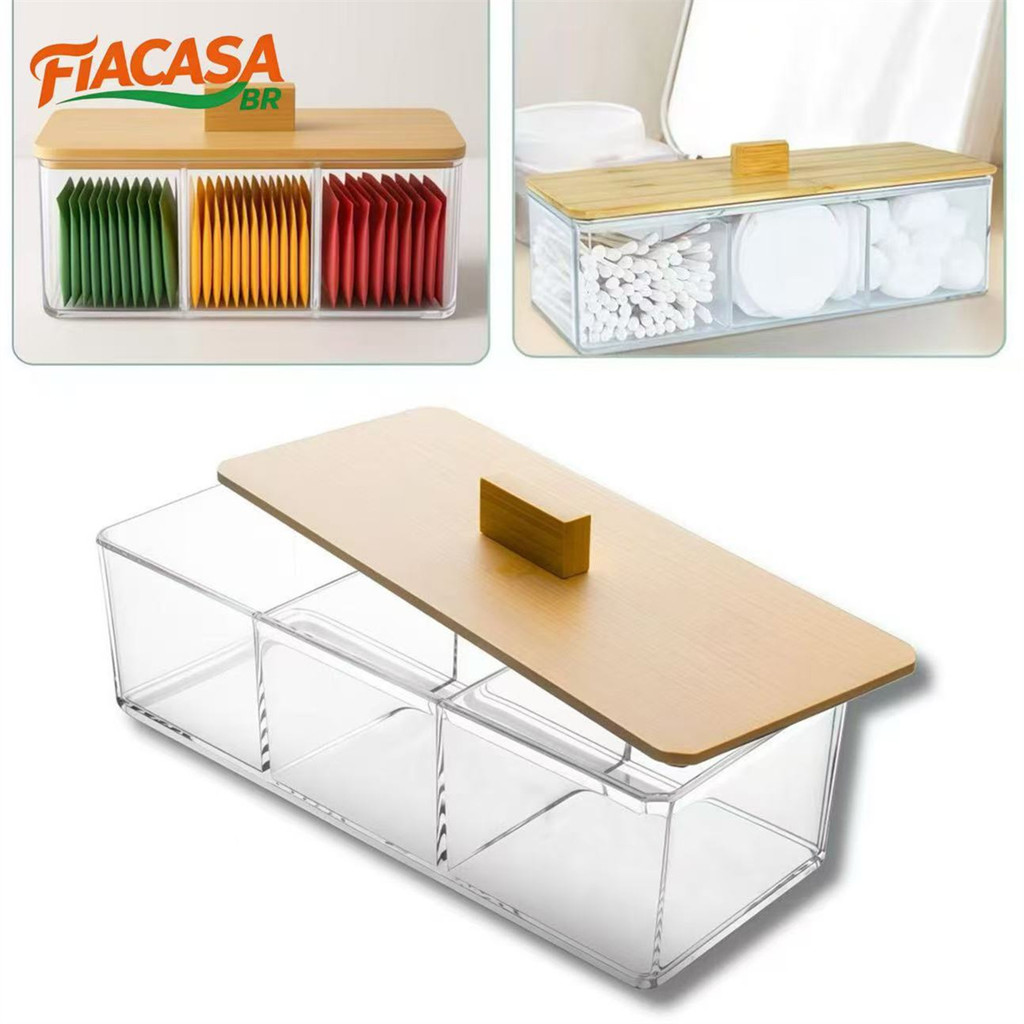 Caixa Organizadora de Acrílica com Tampa de Bambu 3 Divisórias Porta Saches de Chá e Joias