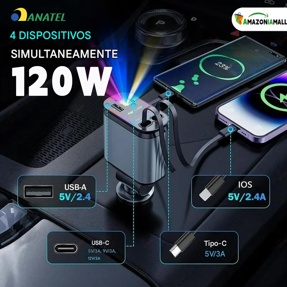 Carregador para Carro Ajustável 180° com Cabo Retrátil 4 em 1 Rápido e Luz LED iPhone Android