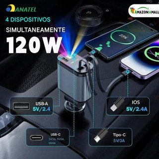 Carregador para Carro Ajustável 180° com Cabo Retrátil 4 em 1 Rápido e Luz LED iPhone Android