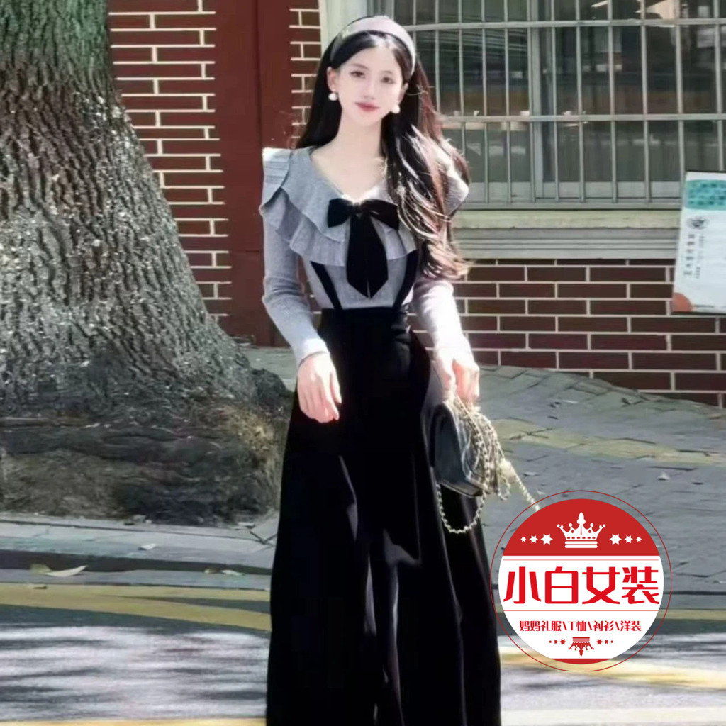 Terno cinza arco topo + preto Oval cinta saia primavera outono inverno coreano feminino doce fresco doce bonito simples