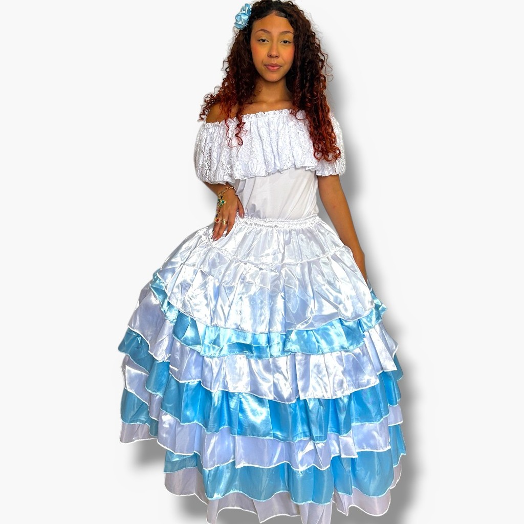 Conjunto Iemanjá Saia 7 Babados Azul Claro e Bata Umbanda e Candomblé