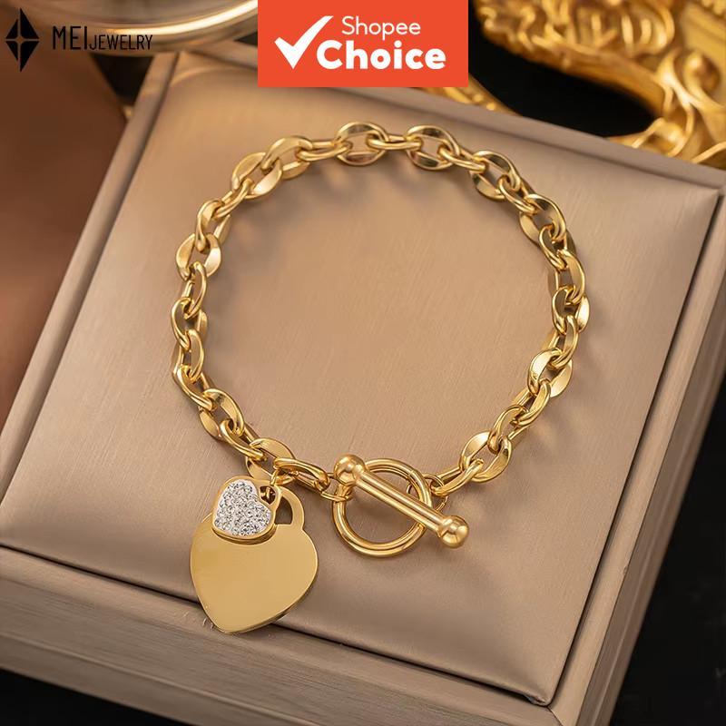Pulseira de casal longa elegante em aço inoxidável em forma de coração com cristais, joia fina feminina em Oferta na Shopee