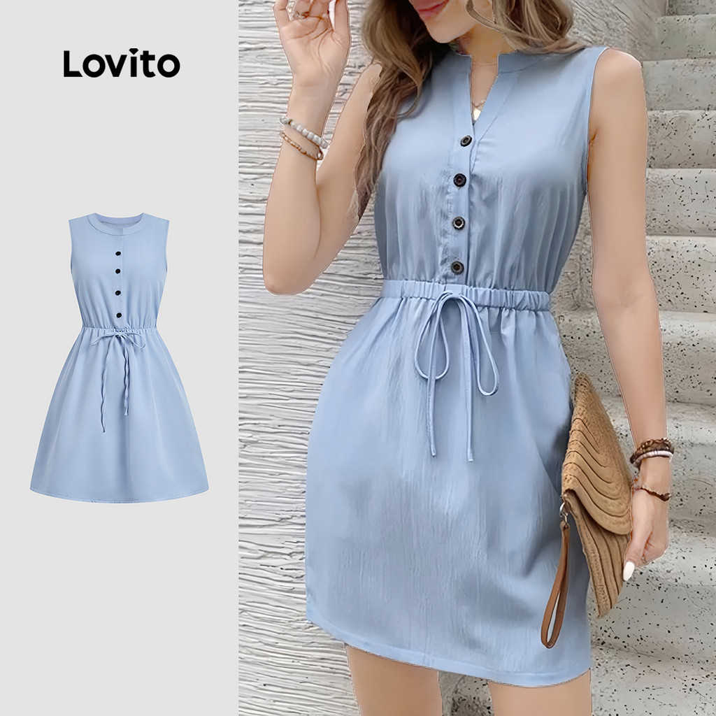 (NEW) Lovito Vestido Feminino Azul Claro Elegante Frente Laço Confortável e Estiloso para primavera/verão L178ED1454