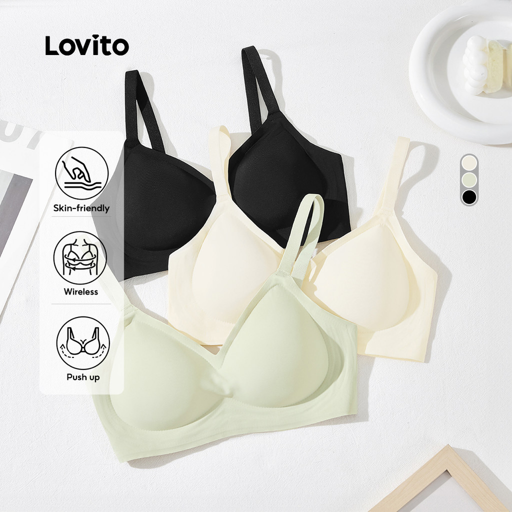Lovito Sutiã Push Up Feminino Casual Sem Fio Canelado Malha Verão Primavera Champanhe LNA104020 em Oferta na Shopee