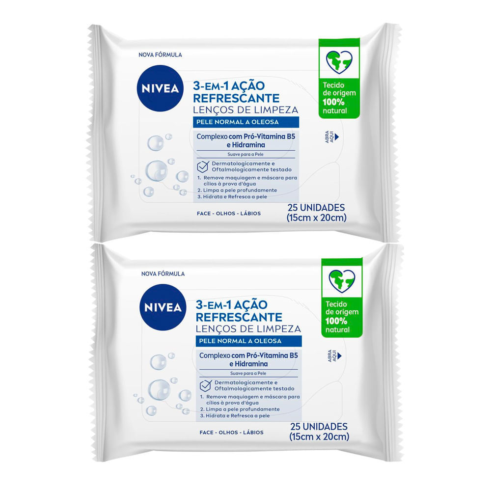Kit 2 Lenços de Limpeza Facial Nivea  3 em 1 Ação Refrescante Pele Normal a Oleosa 25 Unidades