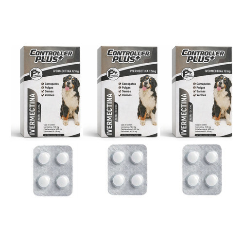 Kit 3 Vermífugo Para Cães Grandes 30kg A 60kg Ivermectina 12mg Remédio Carrapato Pulga Verme Sarna