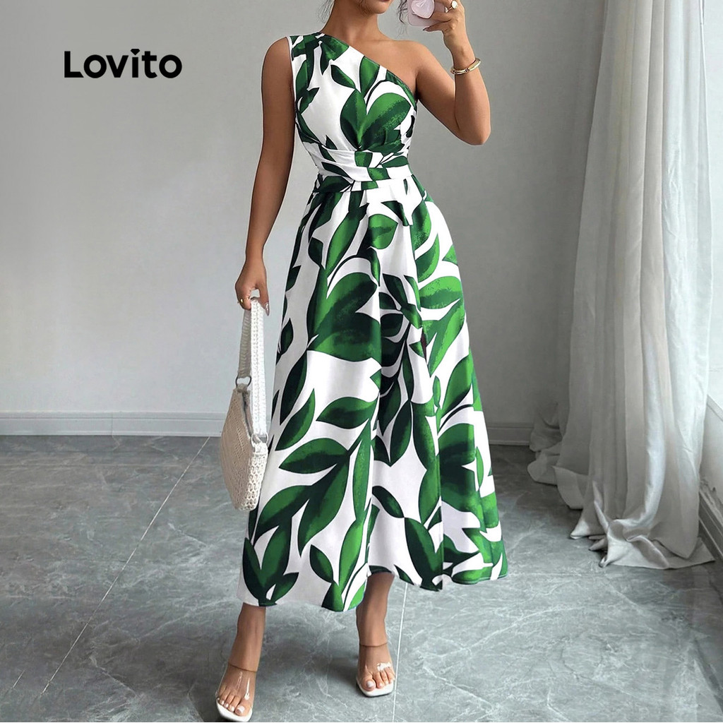 Lovito Vestido Boho assimétrico dividido com cinto primavera/verão vestido verde para mulheres LBL32260