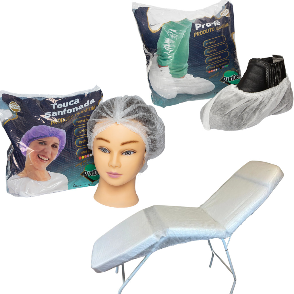 Kit Profissional Branco Lençol + Propé + Touca Odontológico Clínico Estética Podologia Hospital