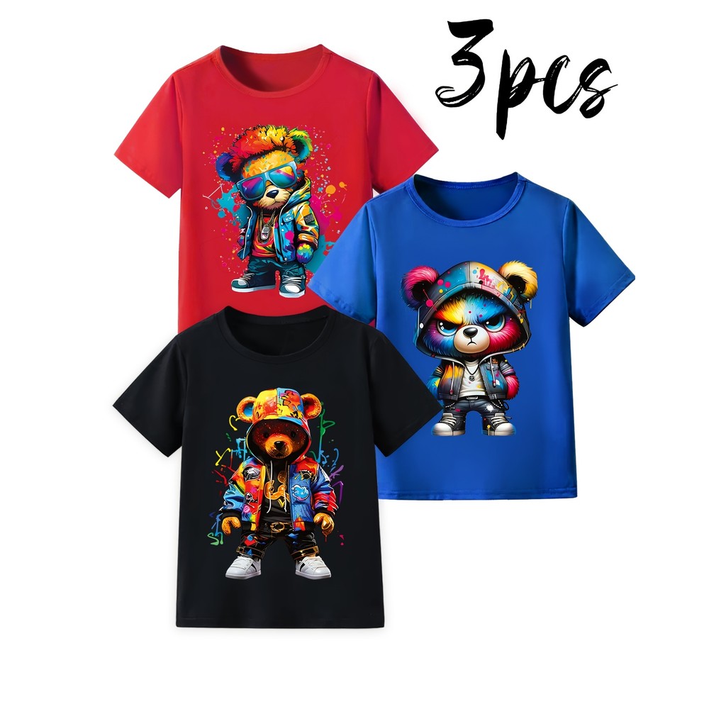 Kit Camiseta para Meninos Três Peças Estampado de Urso Colorido e Estilo Urbano Algodão 100%
