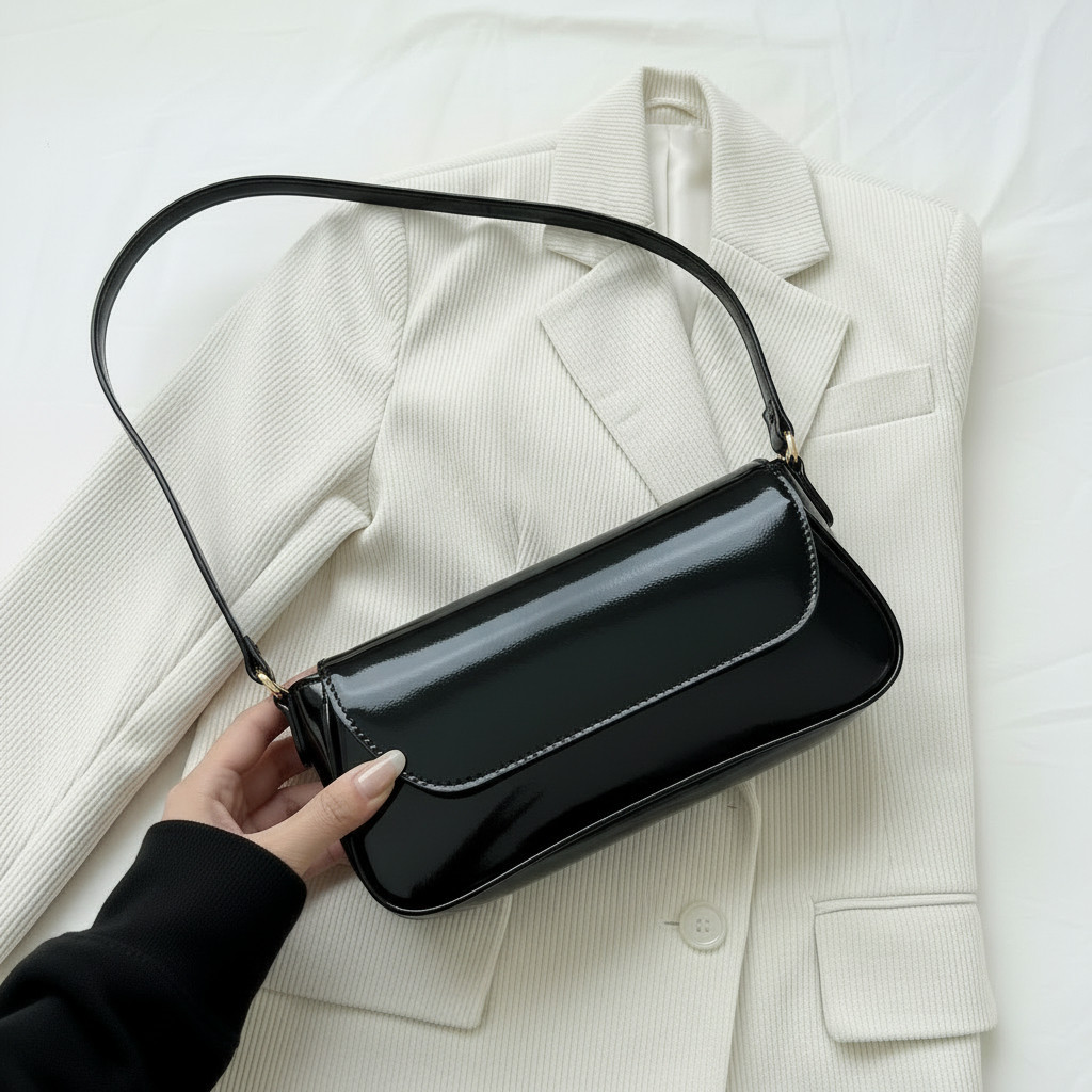Bolsa Feminina Baguete Verniz Preto Alça De Ombro Fina Estilosa E Casual em Oferta na Shopee