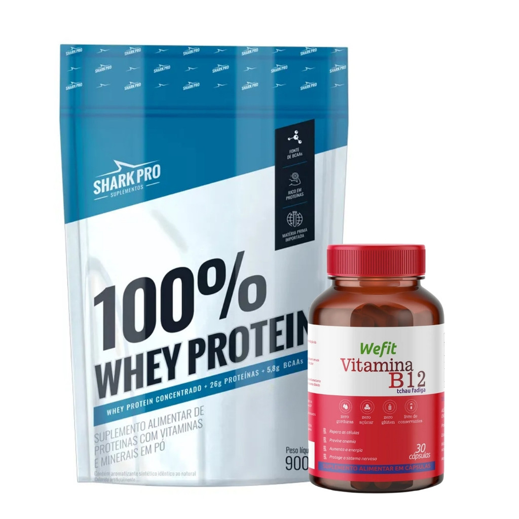 100% Whey Protein Refil 900g Shark Pro + Vitamina B12 C/30 Cápsulas WeFit em Oferta na Shopee