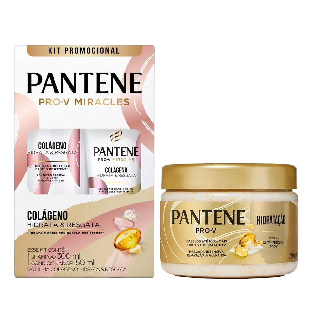Kit Pantene Colágeno Shampoo 300ml + Condicionador 150ml + Máscara Capilar Hidratação 270ml em Oferta na Shopee
