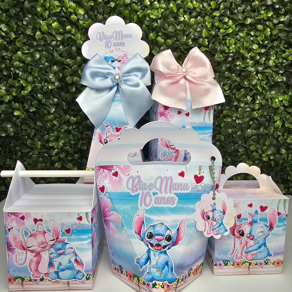 Kit Caixa Montada STITCH E ANGEL AQUARELA - Personalizados - Festa infantil - Aniversário - Lembrancinha