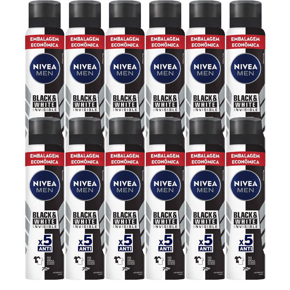 Kit Desodorante Aerosol Nívea Black & White Masculino 200ml - 12 unidades