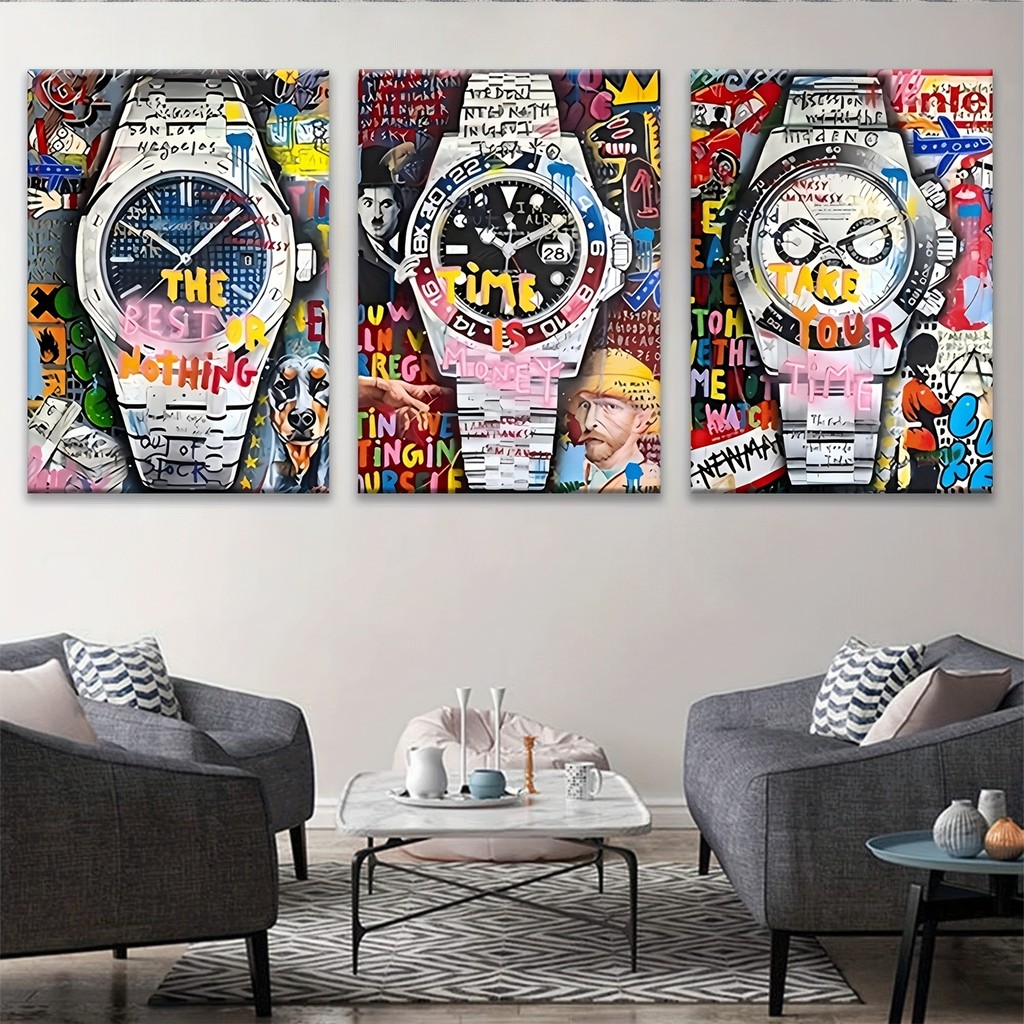 3 quadros decorativos relógio clock graffiti abstrato rolex 8k hiper resolução sala quarto hall escritório parede