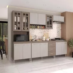 Cozinha Modulada Completa Fidelitá Paris 5 Peças 260cm 13 Portas 3 Gavetas Com Tampo Nogal/Salinas