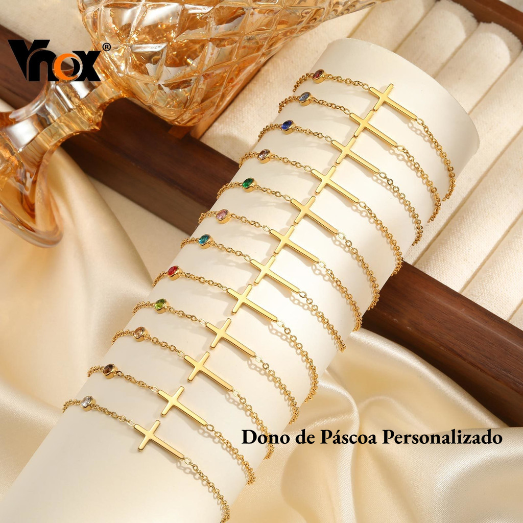 Pulseira De Pedra De Aniversário Com Cruz De Ouro 18k Vnox Para Mulheres , Jesus Católico Páscoa 2026 Presente Joias De