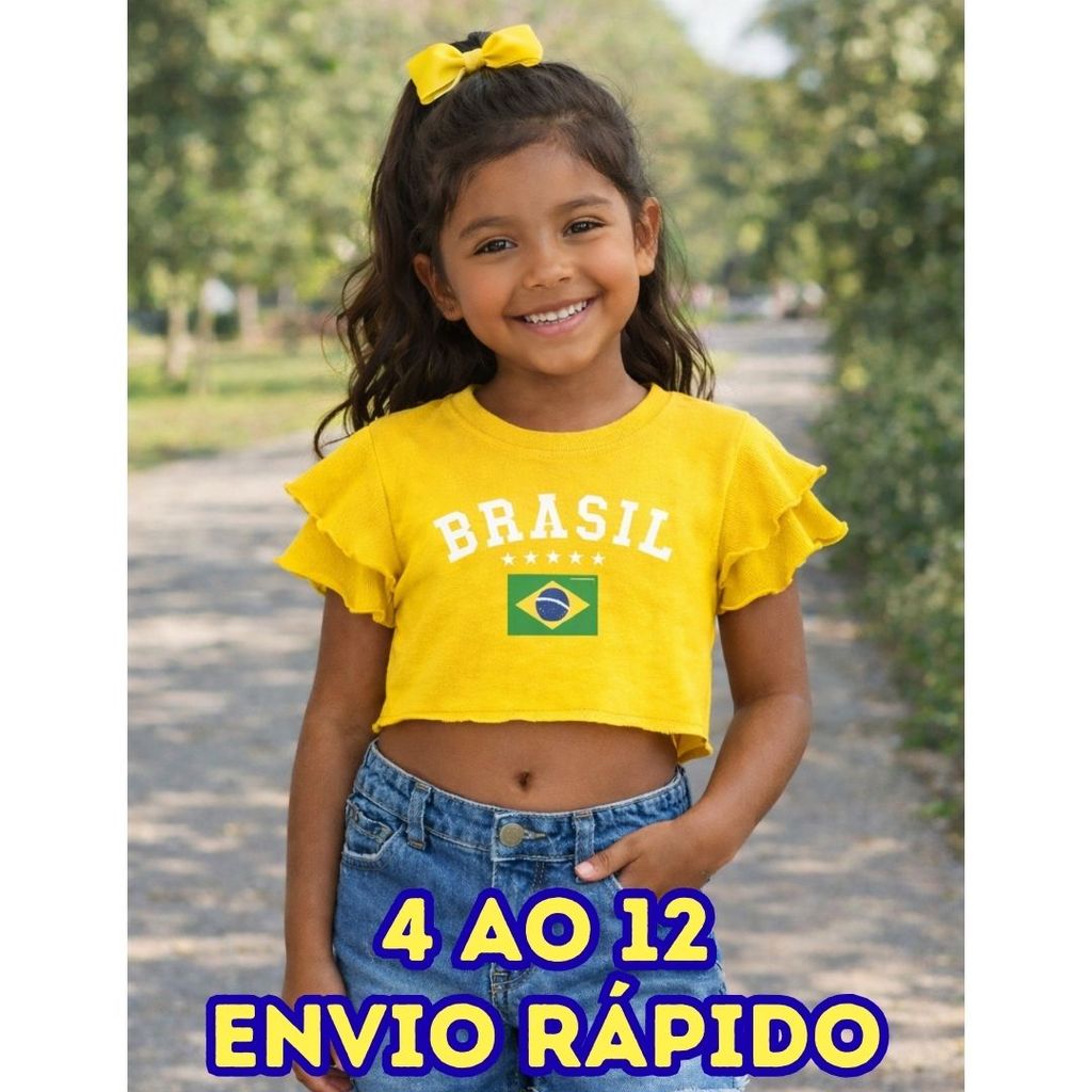 Cropped do Brasil Infantil Menina 4 ao 12 Cropped Babado Infantil Menina /  Feminino Brasil Menina Copa