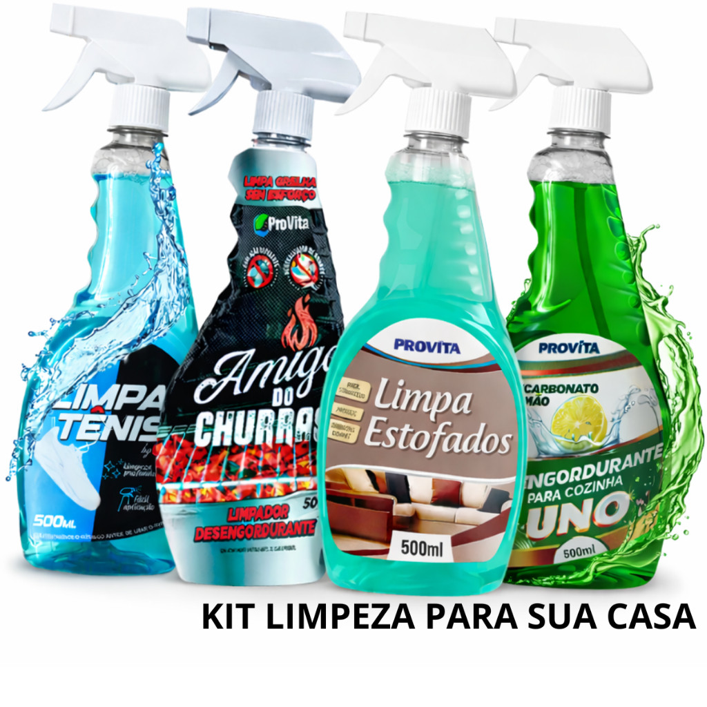 Conjunto Spray Limpeza 500ml com Gatilho Limpa Tênis/ Limpa Estofado/ Desengordurante UNO/ Amigo do Churras (Variações)