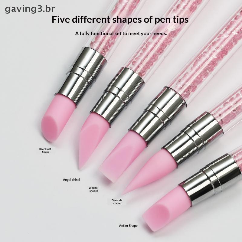 [GAVBR] 5 Pçs/Set Rosa Caneta Escultura De Ponta Dupla Pincel De Manicure Strass Nail Art De Silicone 3D Flor Pontilhada