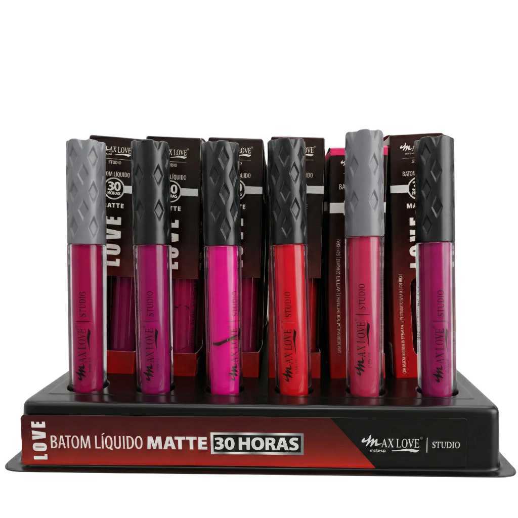 BOX C/ 48 BATOM LÍQUIDO MATTE 30H MAX LOVE 4ML — CORES SORTIDAS (8 DE CADA COR) 606 - 611