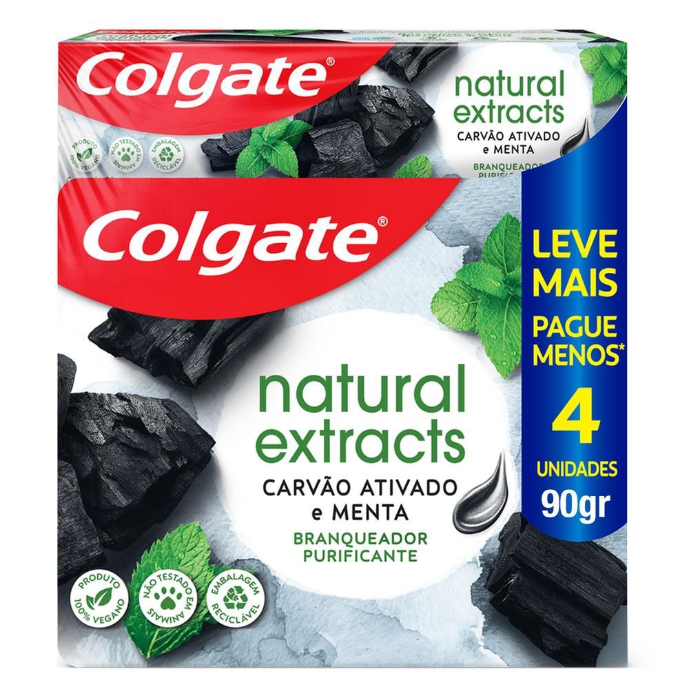Creme Dental Colgate Natural Extracts Carvão Ativado e Menta Branqueador Purificante com 4 Unidades de 90g cada em Oferta na Shopee