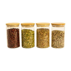 Kit 4 Potes De Vidro P/ Mantimentos 600ml c/ Tampa Bambu