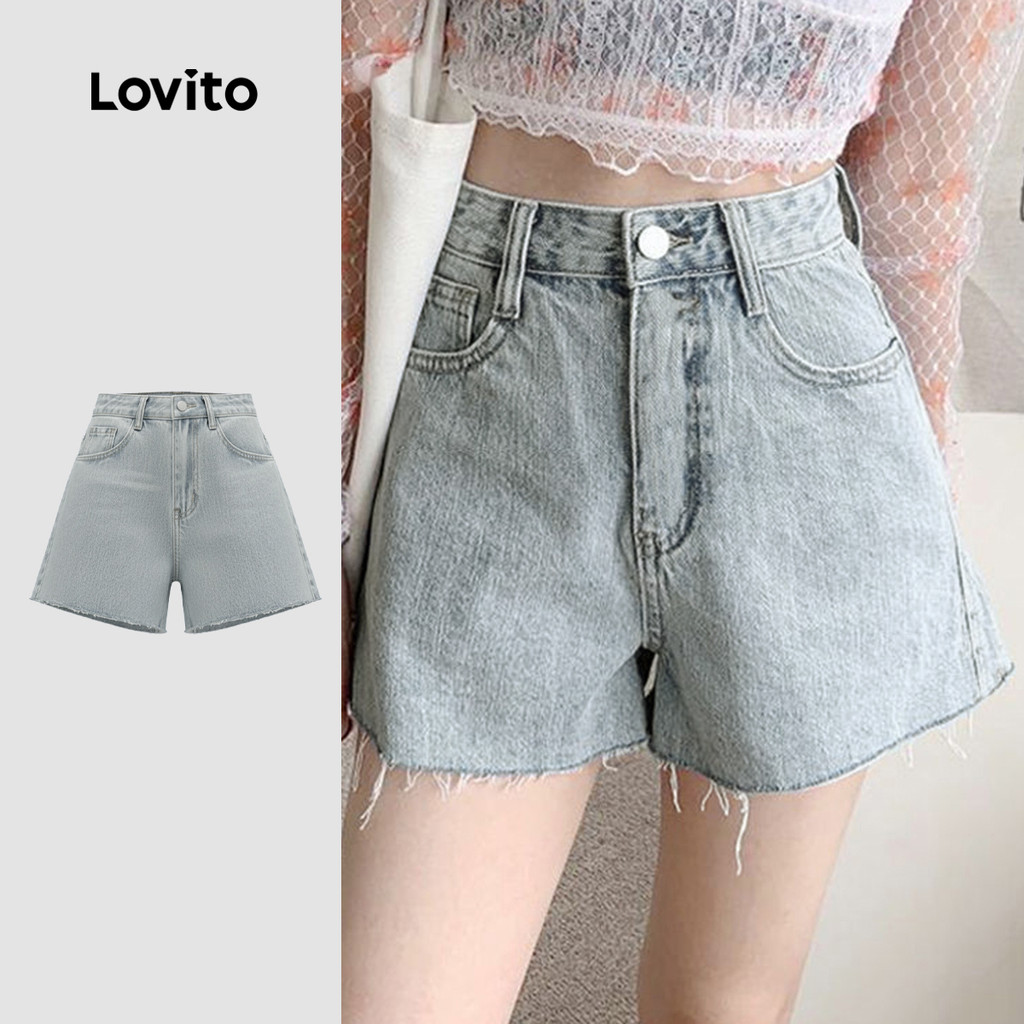 Lovito Shorts de Ganga Casuais Lavados com Zíper para Primavera/verão Azuis para Mulheres LNE130037