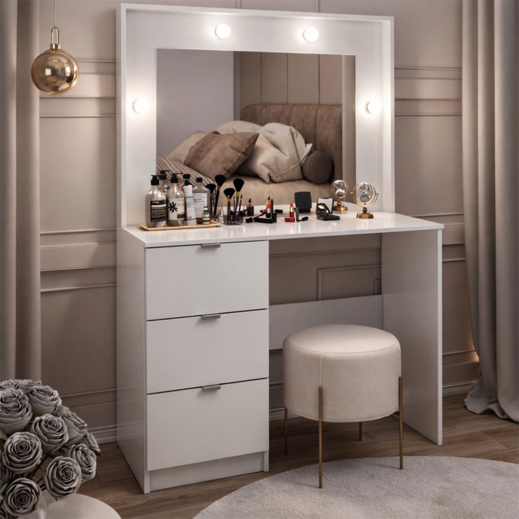 Penteadeira Luna 3 Gavetas com Espelho Branco - Panorama Móveis em Oferta na Shopee