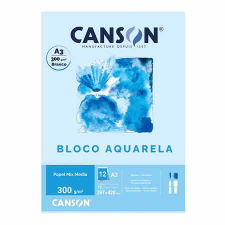 Bloco Aquarela Canson A3 300g 12 Folhas Artístico Profissional Papel Livre de Ácido
