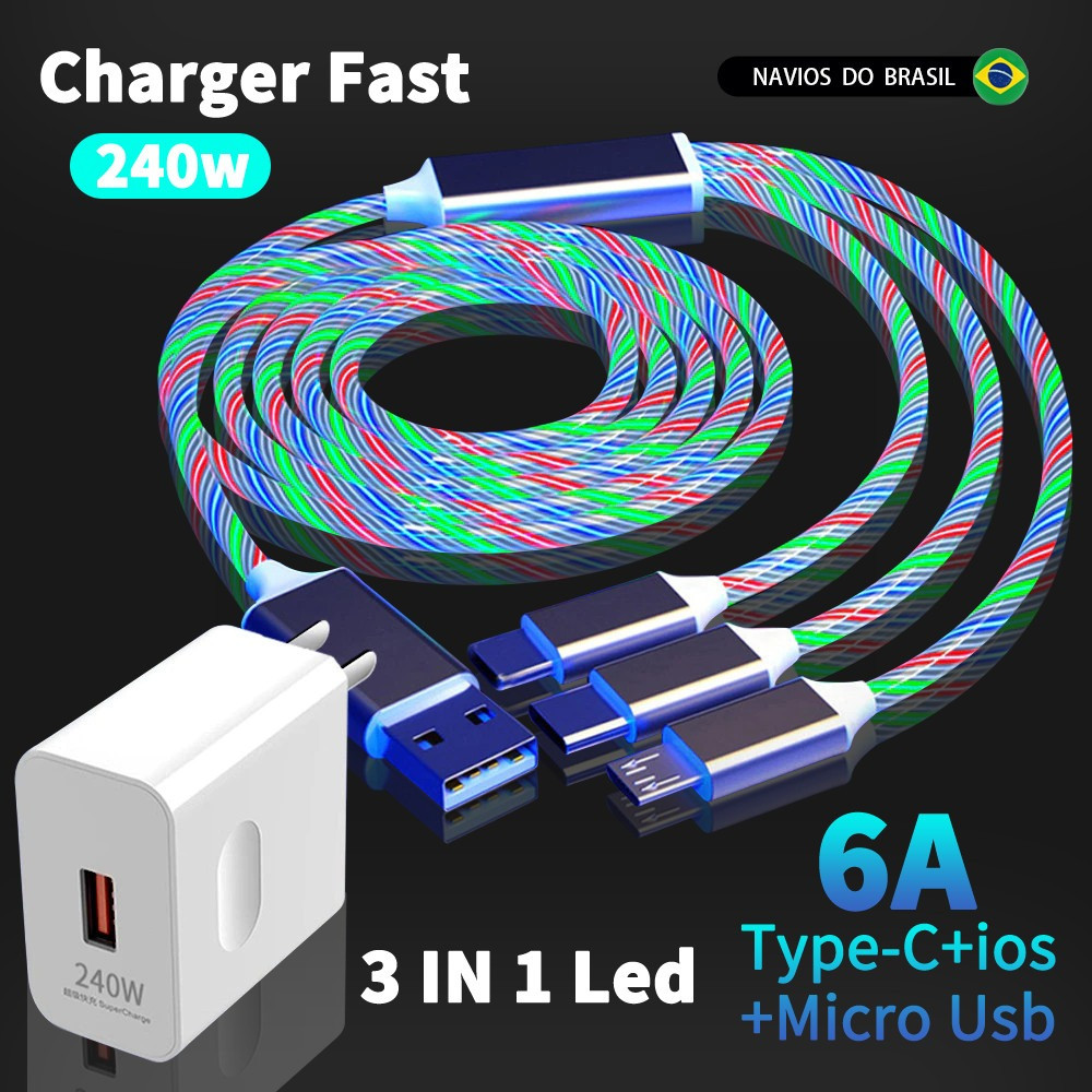 Carregador Rápido De 240 W Com Cabo USB De Luz De Fluxo LED 3 Em 1 Para Cabos De Carregamento Tipo C Micro IOS Streamer em Oferta na Shopee